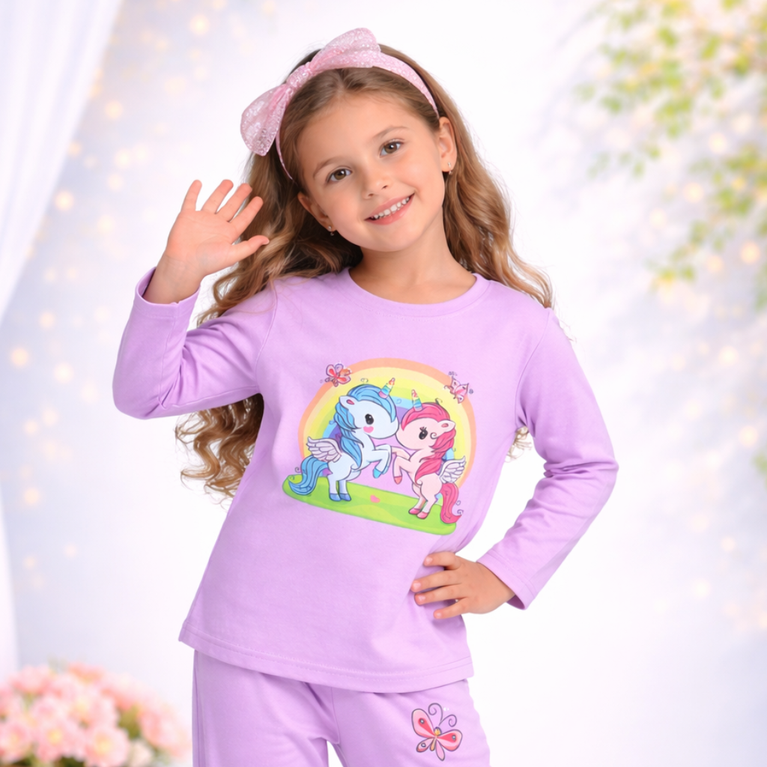 Ninos 100% Cotton Knit Full Sleeves "Unicorn Pair" Printed Coordinating Tee & Pants Set For Girls