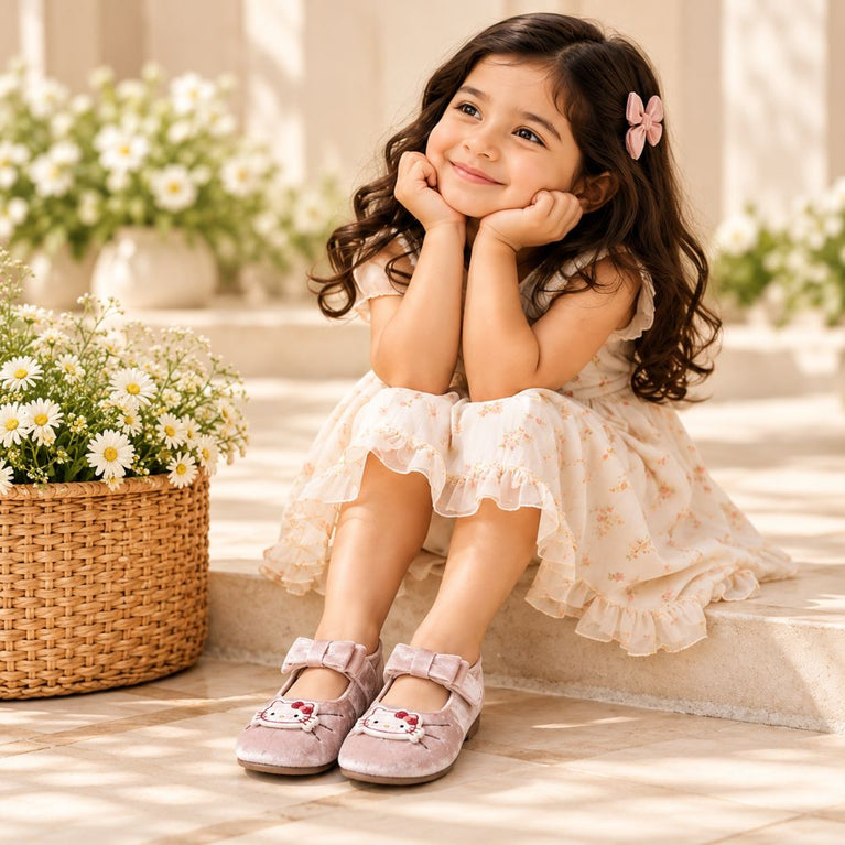 Girls' Velvet Ballerina Shoes with Bow, Cute Cartoon Embellishment and Adjustable Strap, Mary Jane Style