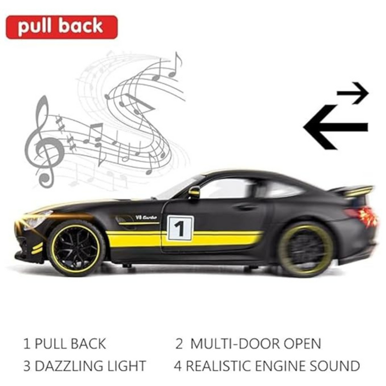 Nino's Die-Cast Mercedes Benz GTR Toy Car with Pull Back Action, Lights & Sound (White/Black)