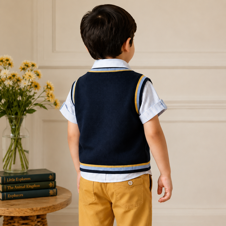 Navy Argyle Sweater Vest Set with Shirt & Trousers