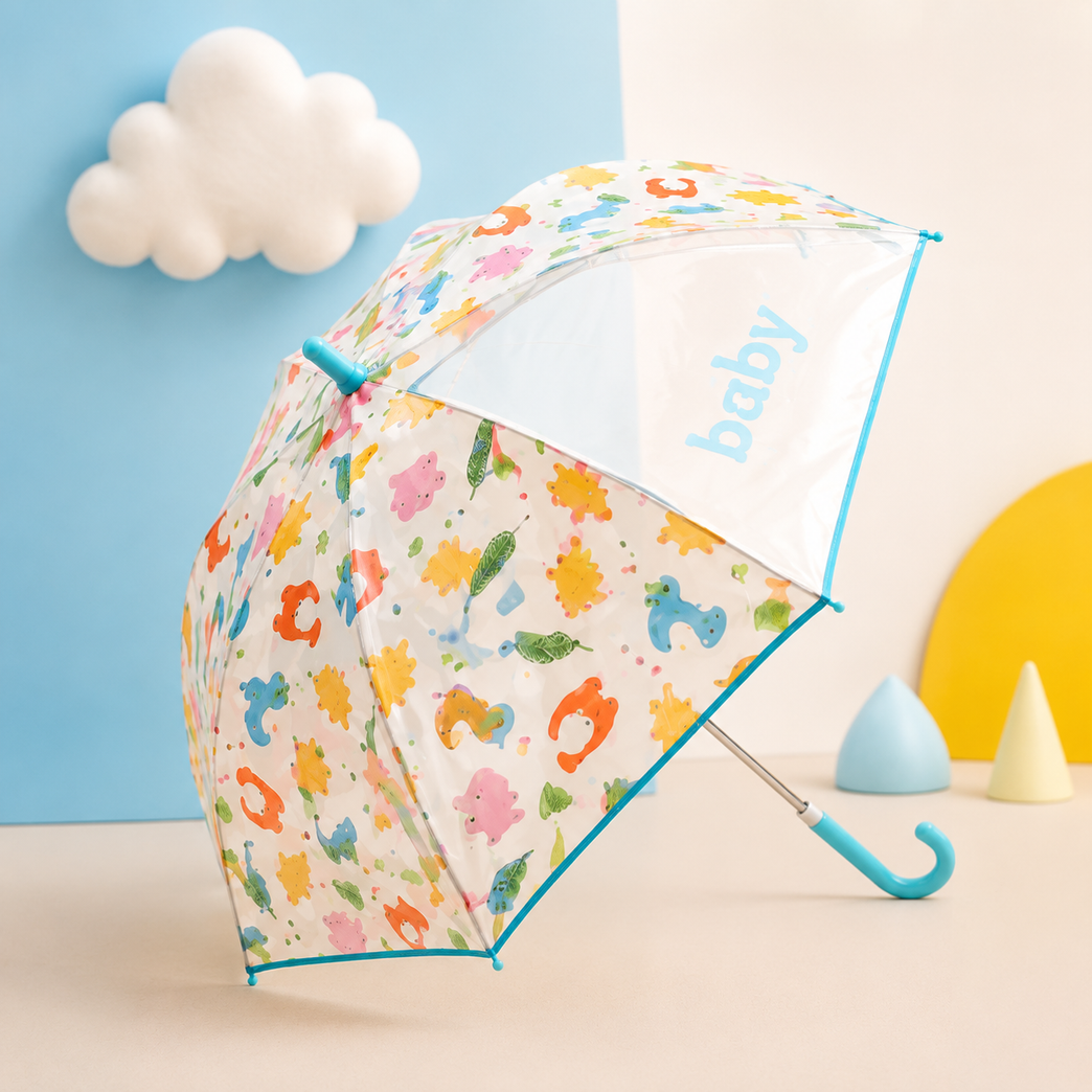 Kids Transparent Dome Umbrella with Colourful Animal Print | Cute Blue Umbrella