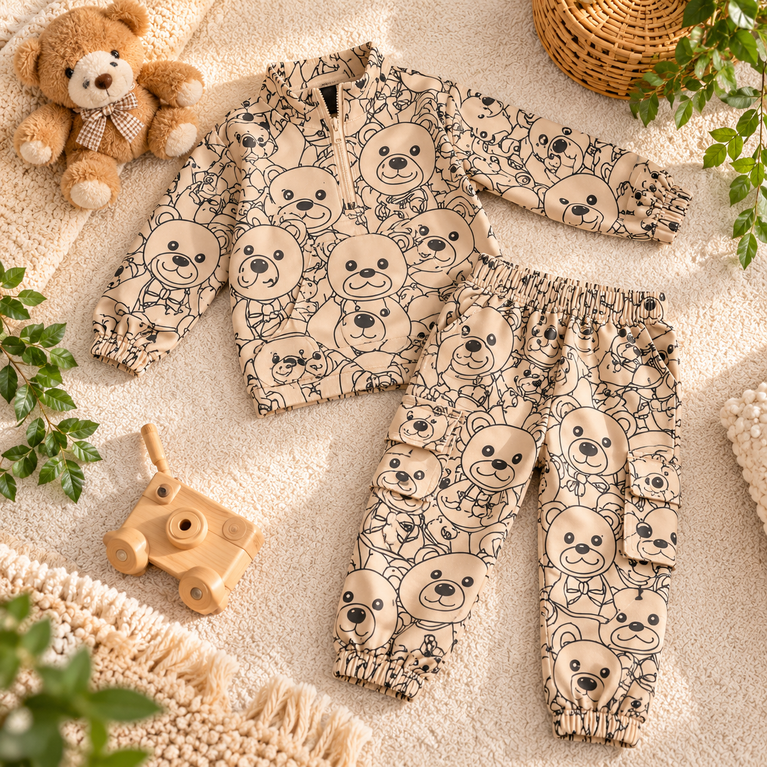 Teddy Bear Printed Co-Ord Set | Full-Sleeve Jacket & Cargo Pants