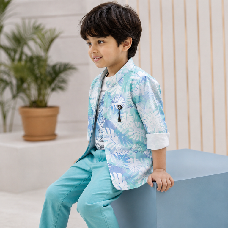 Blue & Aqua Printed Blazer Set | Stylish Kids Party Wear