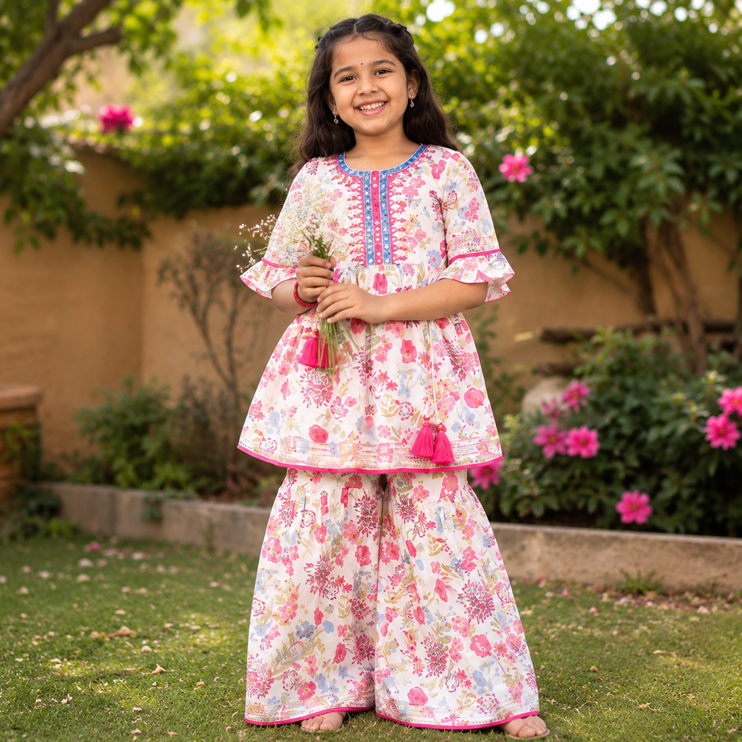 Floral Printed Kurta with Embroidered Sharara Set | White &amp; Pink Ethnic Festive Wear for Kids | Traditional Co-ord Outfit