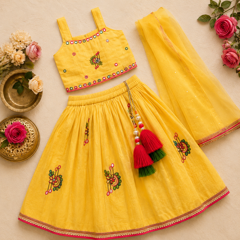 Yellow Embroidered Lehenga Choli with Dupatta | Kids Ethnic Wear
