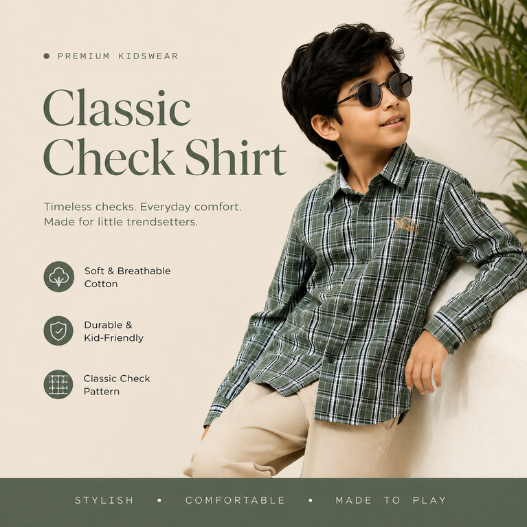Boys Classic Olive Green Checked Full Sleeve Cotton Shirt