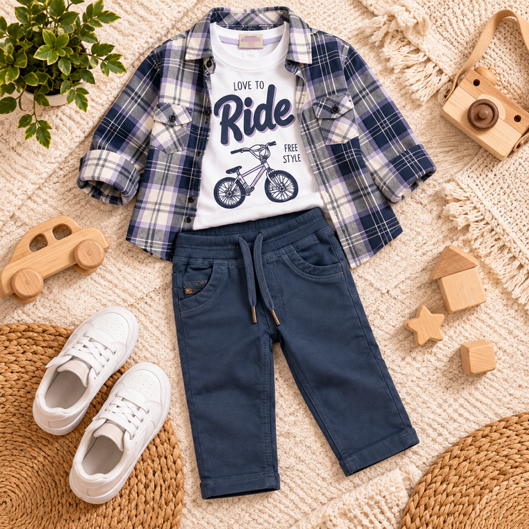 Navy Blue Plaid Shirt, Graphic T-Shirt & Jogger Pants Set for Boys | Kids Casual Outfit