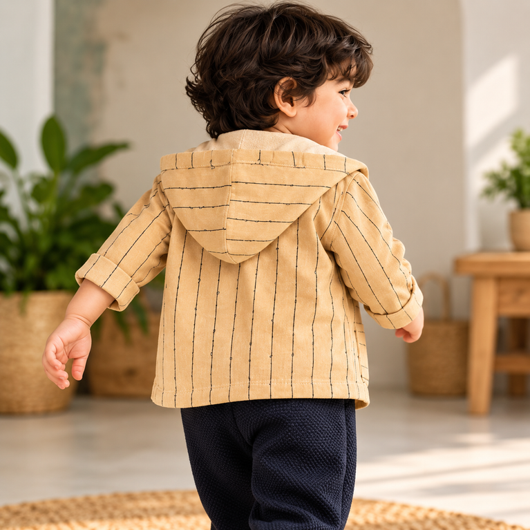 Mustard Hooded Jacket, T-Shirt & Navy Pants Set for Boys | Stylish Kids Outfit