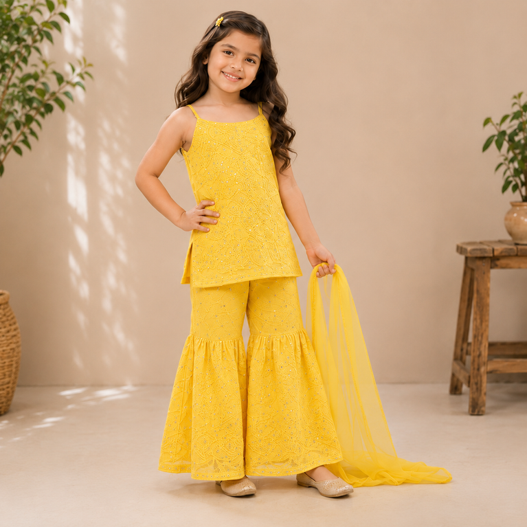 Embroidered Sharara Set with Soft Dupatta | Ethnic Party Wear | Festive Outfit for Kids