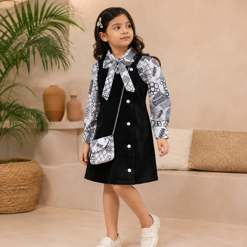 Black Pinafore Dress with Printed Bow Shirt & Matching Sling Bag | Stylish Kids Outfit