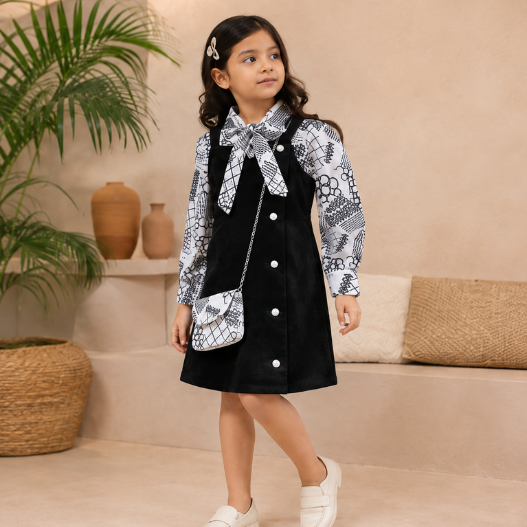 Black Pinafore Dress with Printed Bow Shirt & Matching Sling Bag | Stylish Kids Outfit
