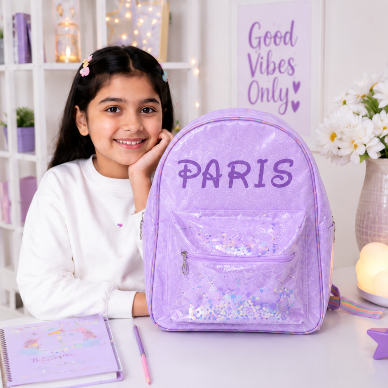 Girls Glitter Transparent Backpack with Sequin Pocket &amp; Rainbow Adjustable Straps