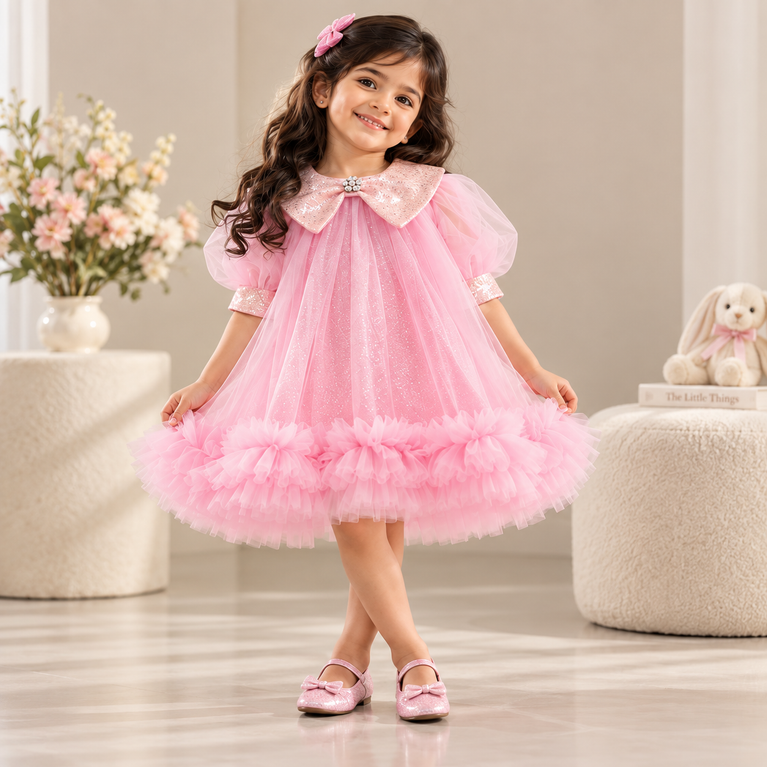 Pink Glitter Party Dress | Sequin Collar & Tulle Frock
