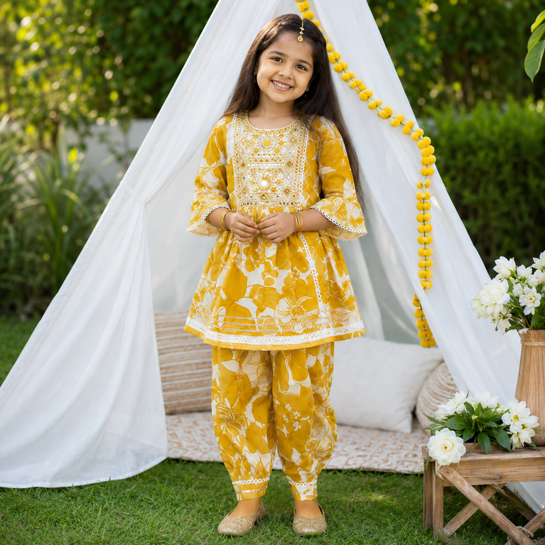Mustard Floral Printed Kurti with Dhoti Pants Set | Embroidered Ethnic Co-ord Outfit for Kids | Festive Traditional Wear
