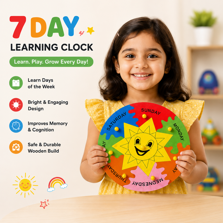 7 Days of the Week Wooden Learning Clock for Kids | Montessori Educational Calendar & Daily Routine Toy