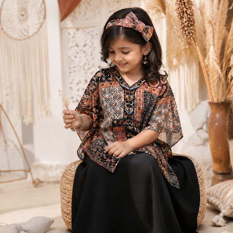 Black Multi-Print Boho Kaftan Top with Black Palazzo Set | Ethnic Wear for Kids | Comfortable Party &amp; Festive Outfit