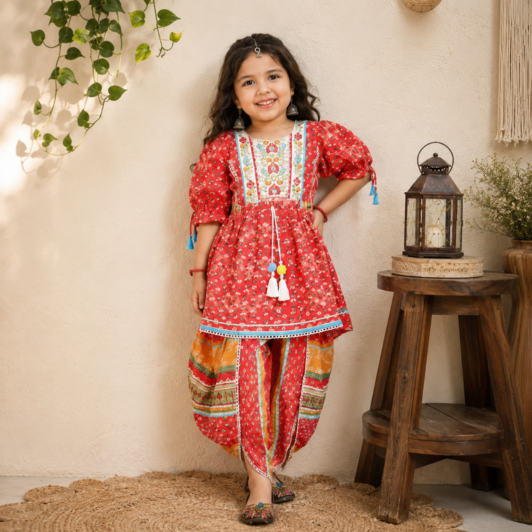 Krazy Girls Dhoti Style Peplum Red Kurti with Multicolor Digital Print and Mirror work