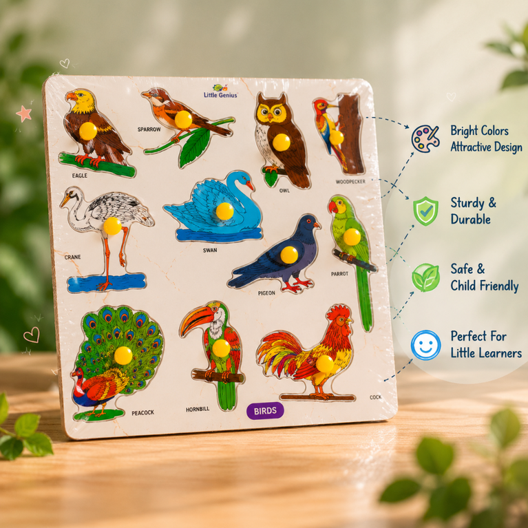 Wooden Birds Puzzle Board for Kids | Bird Identification & Montessori Educational Learning Toy