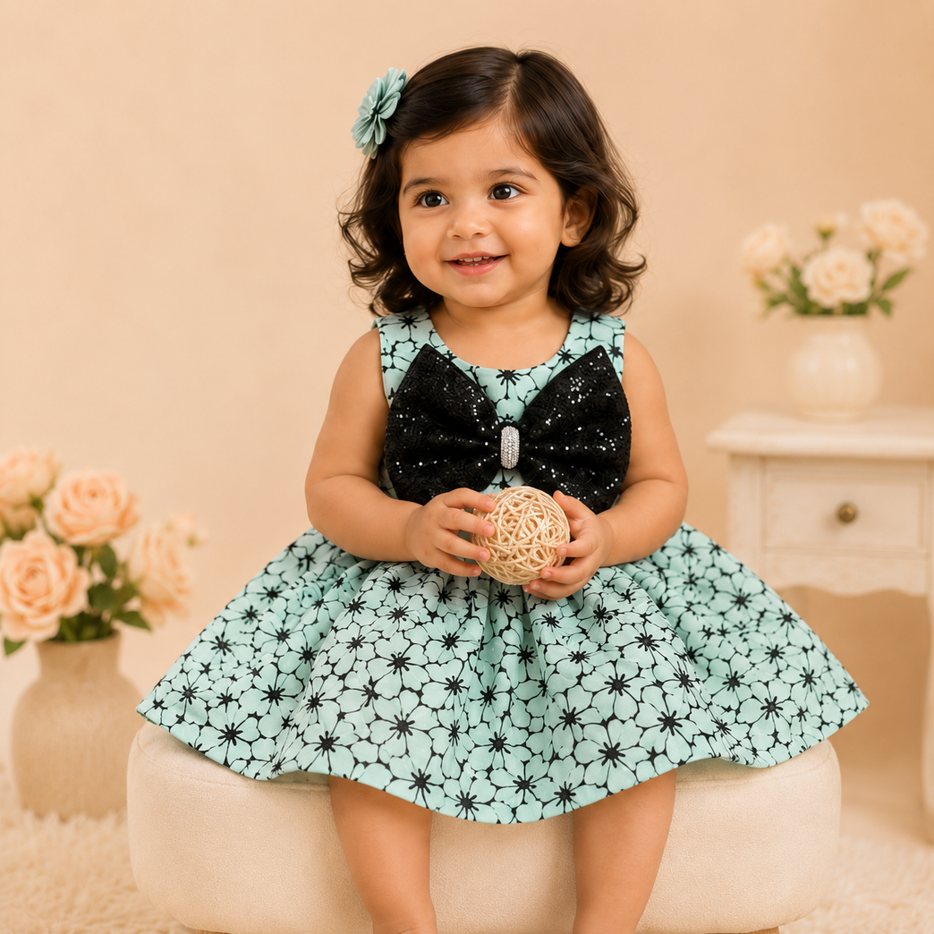 Mint Green Floral Party Dress with Black Sequin Bow | Kids Festive & Birthday Dress
