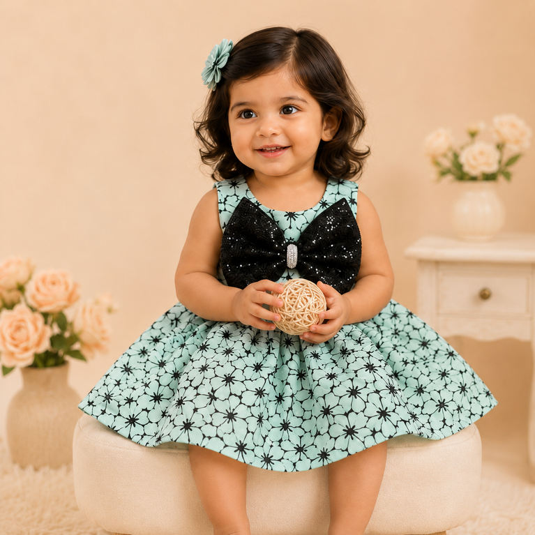 Mint Green Floral Party Dress with Black Sequin Bow | Kids Festive & Birthday Dress