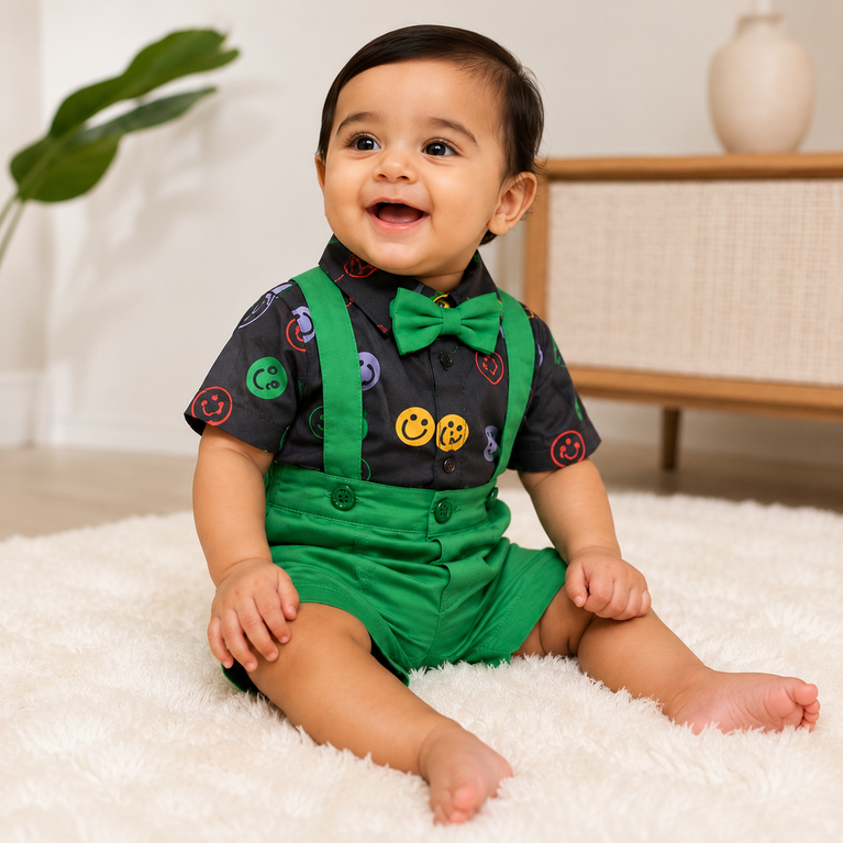 Smiley Print Boys Suspender Shorts Set with Bow Tie – Premium Kids Party Wear Outfit | Trendy Toddler Clothing