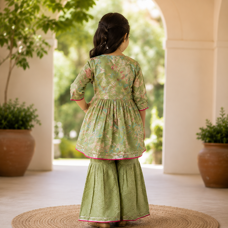 Floral Printed Kurta with Embroidered Sharara Set | Ethnic Festive Wear for Kids | Olive Green Traditional Outfit