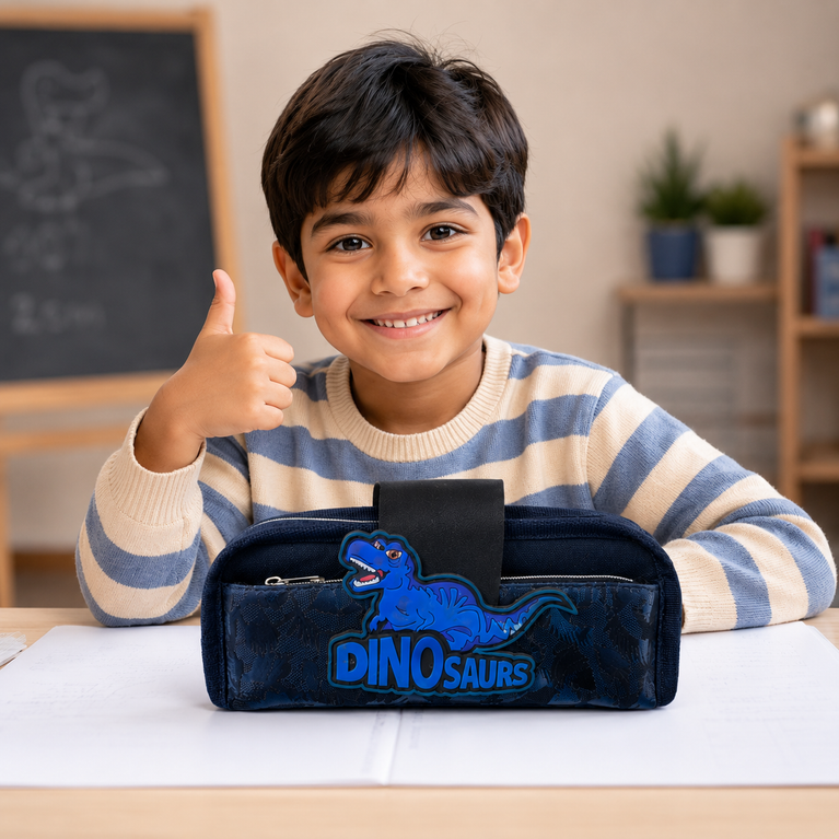 Dinosaur Pencil Case – Navy Blue Multi-Compartment Stationery Pouch
