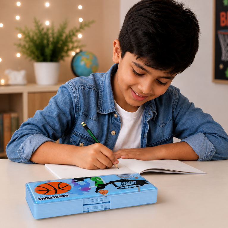 Basketball Pencil Box for Kids with Built-In Sharpener | Blue