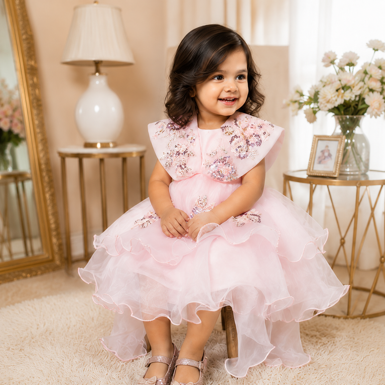 Blush Pink Floral Sequin High-Low Party Dress with Layered Ruffles