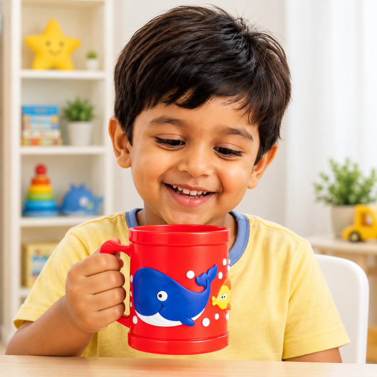 Whale Plastic Mug with Handle | Cute Ocean-Themed Reusable Drinking Mug for Milk, Juice & Water | BPA-Free | Red