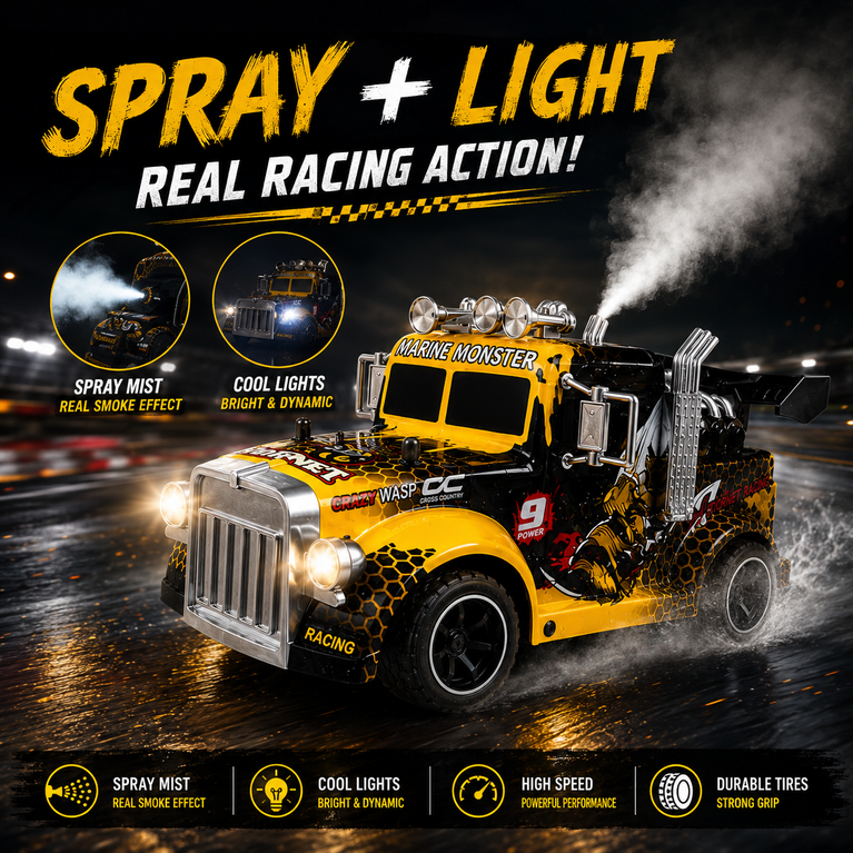 Hornet RC Spray Light Truck with 2.4GHz Remote Control, LED Lights &amp; Mist Spray – Rechargeable Racing Toy for Kids