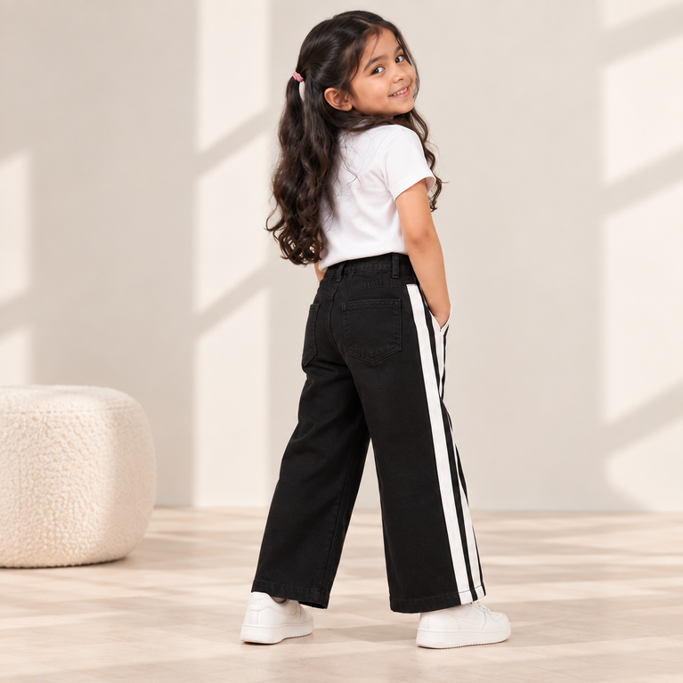 Black Wide-Leg Jeans for Girls with Side Stripes