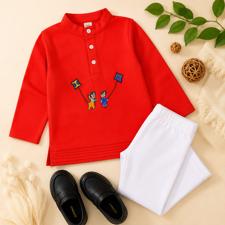 Ninos Boys Cotton Full Sleeves Festive Multidesign Party Kurta Pyjama Set- Red