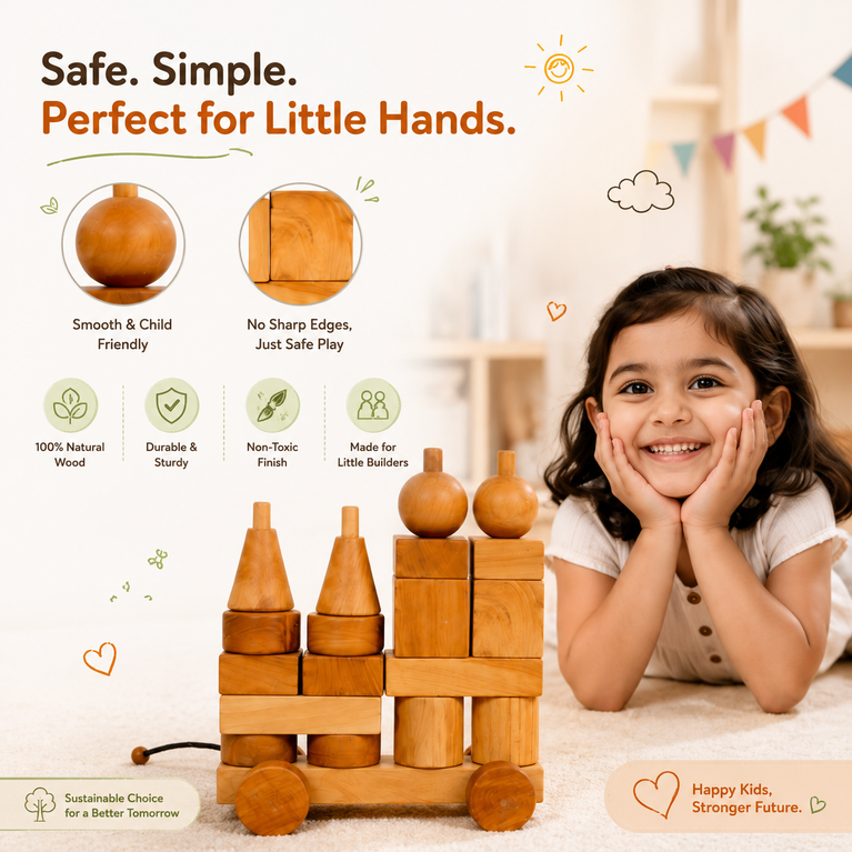 Premium Wooden Building Blocks Pull Cart Toy for Kids | Natural Montessori Learning Toy