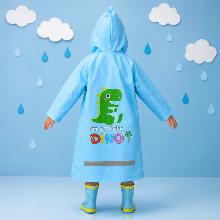 Kids Waterproof PVC Hooded Raincoat with Transparent Brim & Carry Pouch | Lightweight Dino Print Rain Wear for Boys & Girls