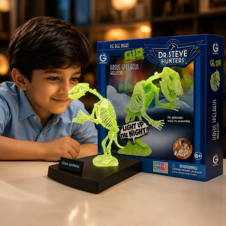 Glow-in-the-Dark Cave Bear Skeleton Model Kit for Kids | 14-Piece STEM Educational Toy