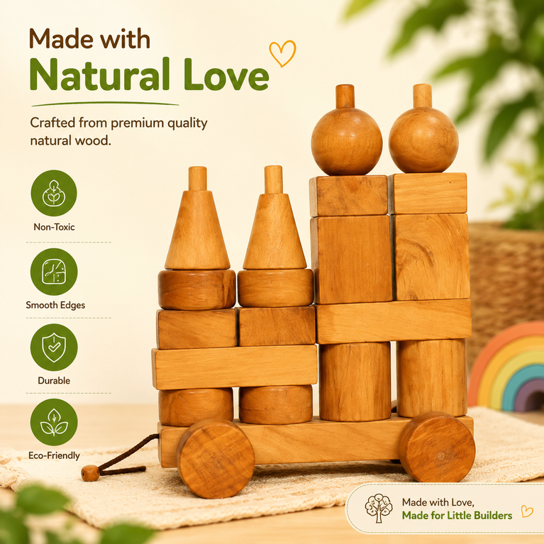 Premium Wooden Building Blocks Pull Cart Toy for Kids | Natural Montessori Learning Toy