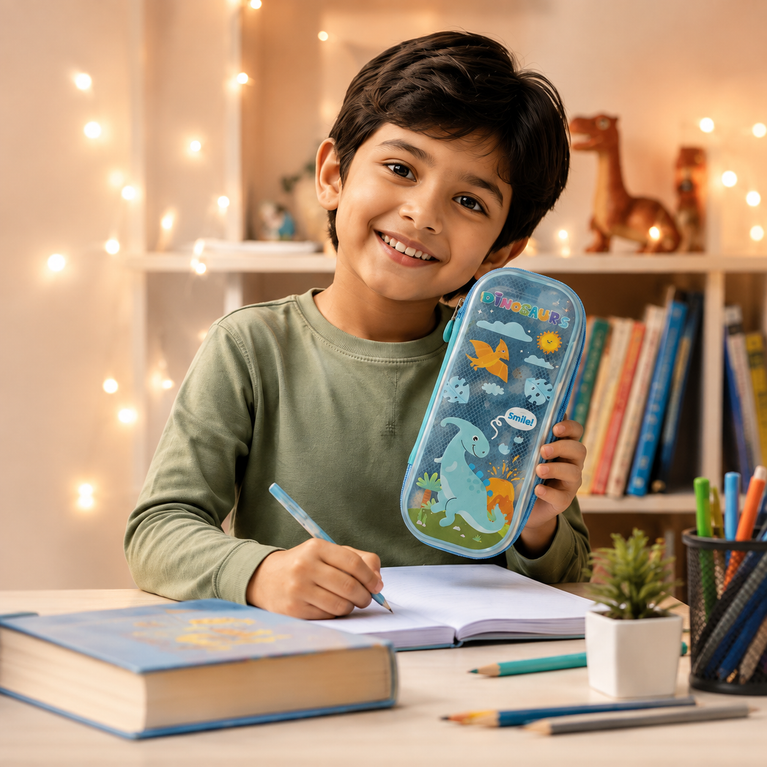 Dinosaur Pencil Case | Spacious Blue Stationery Organizer for School