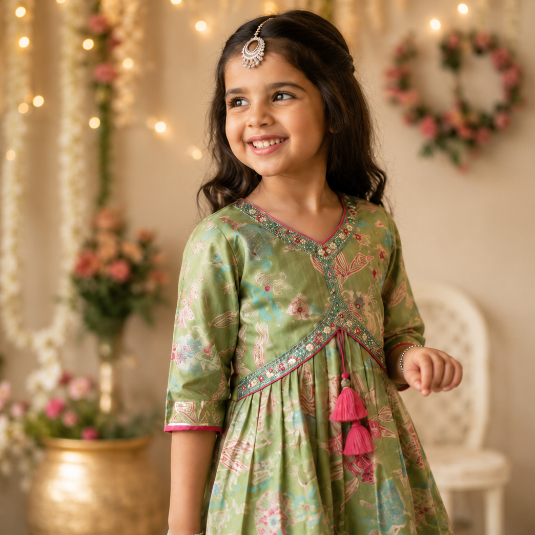 Olive Green Floral Printed Kurta with Embroidered Sharara Set