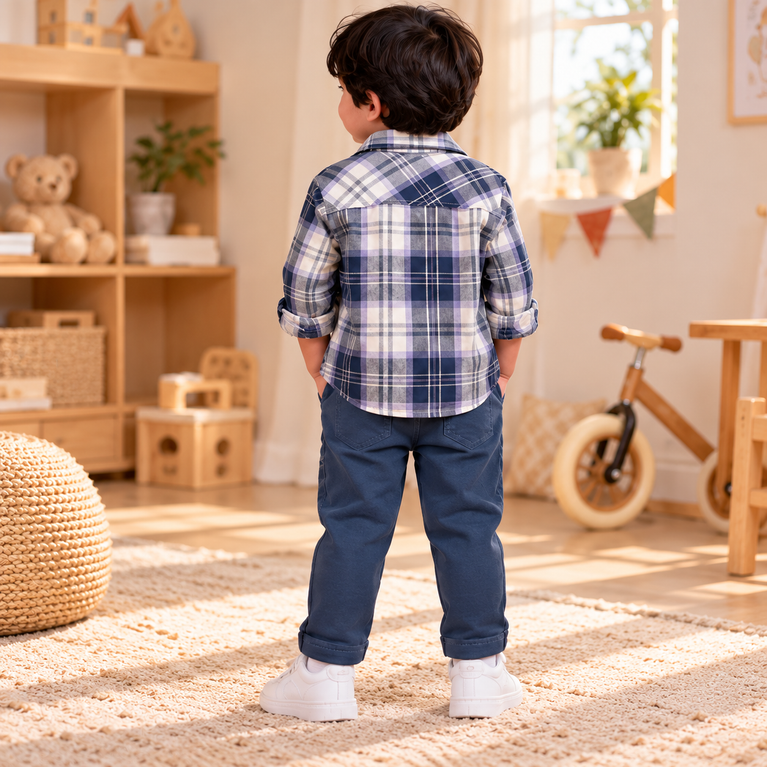 Navy Blue Plaid Shirt, Graphic T-Shirt & Jogger Pants Set for Boys | Kids Casual Outfit