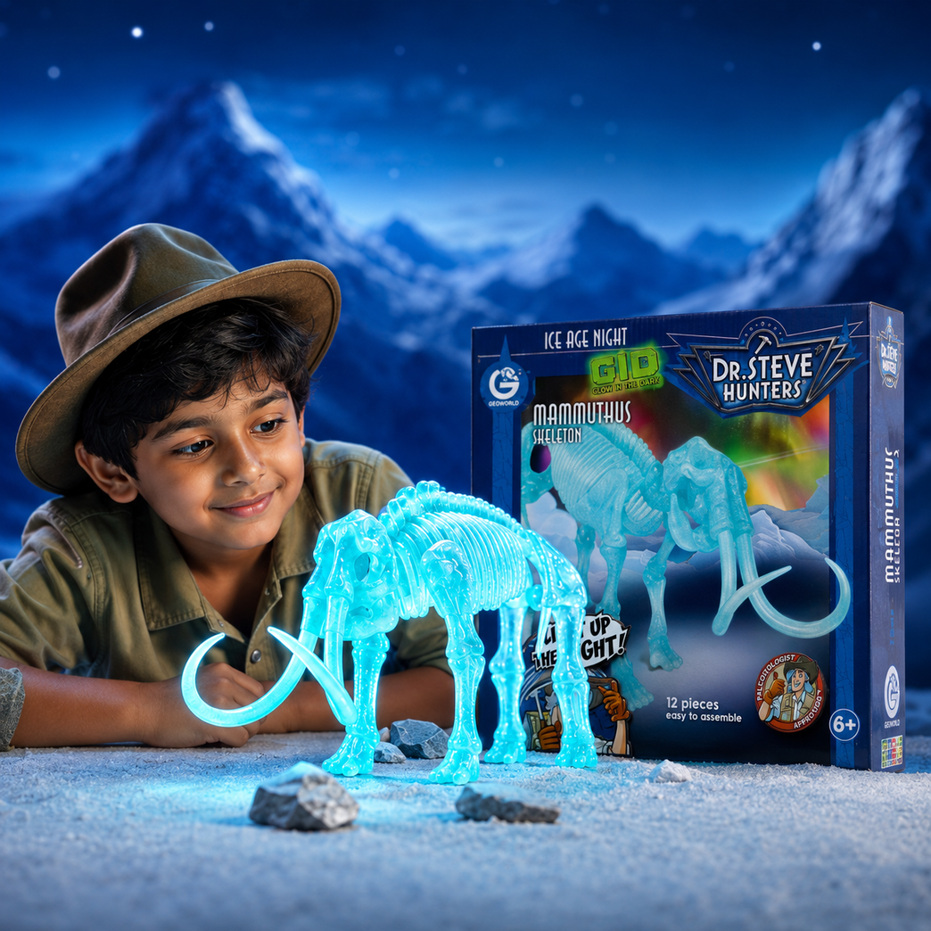 Glow-in-the-Dark Mammoth Skeleton STEM Assembly Kit for Kids (12 Pieces)
