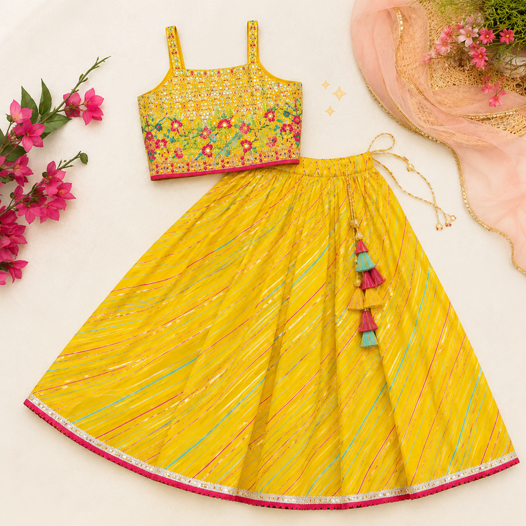 Yellow Embroidered Lehenga Choli Set | Floral Mirror Work Festive Ethnic Wear for Kids | Wedding, Haldi &amp; Festival Outfit