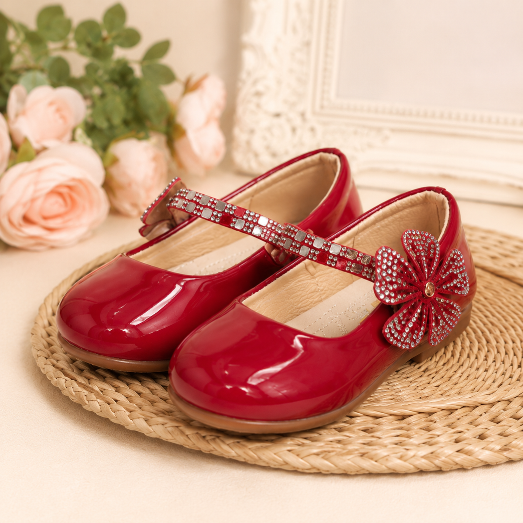 Girls' Glossy Red Party Ballet Flats with Rhinestone Flower &amp; Adjustable Strap