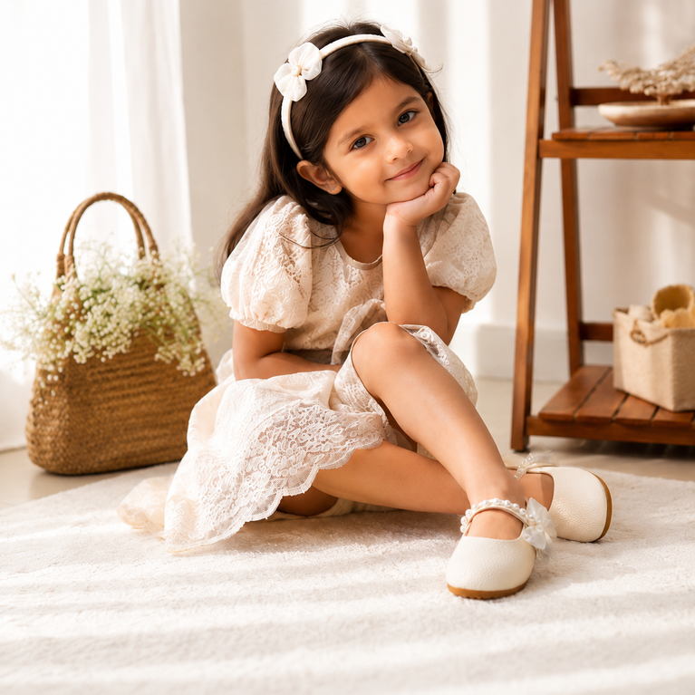 Girls' Cream Pearl Mary Jane Party Shoes with Organza Bow | Elegant Dress Shoes