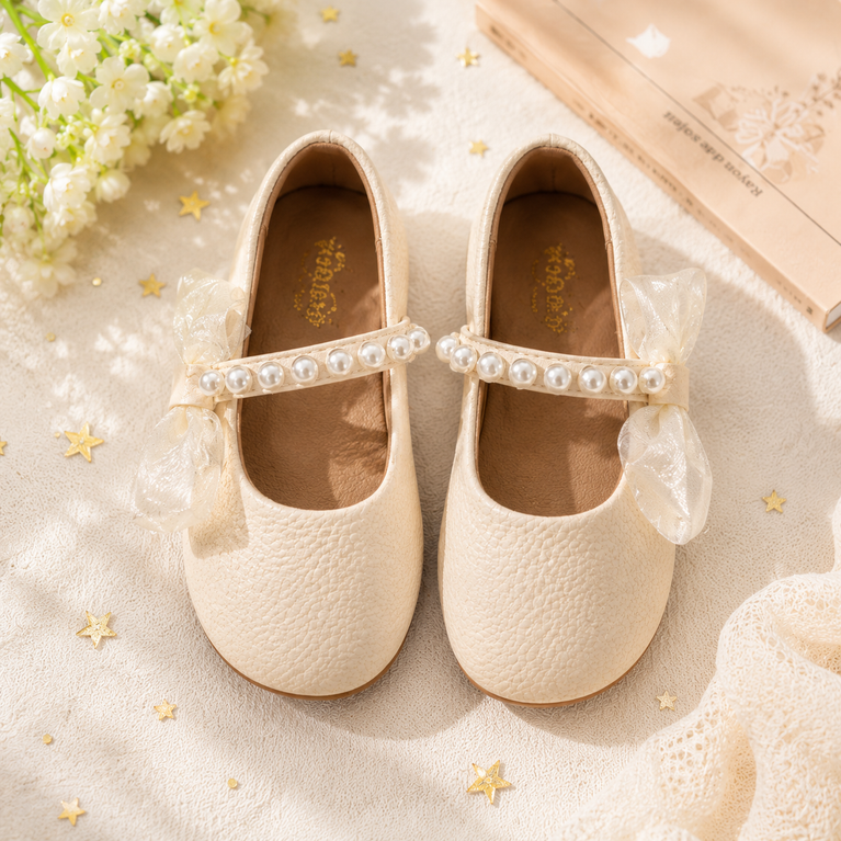 Girls' Cream Pearl Mary Jane Party Shoes with Organza Bow | Elegant Dress Shoes
