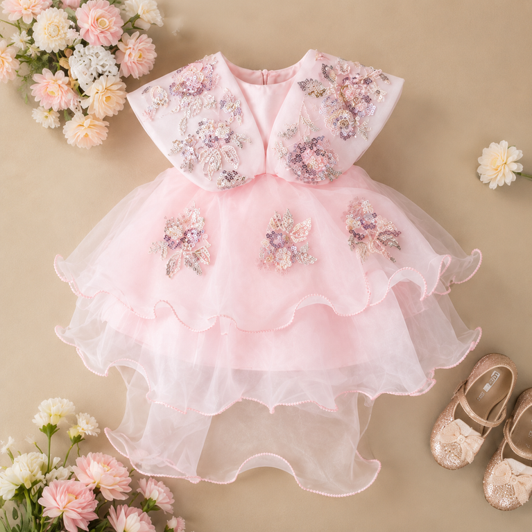 Blush Pink Floral Sequin High-Low Party Dress with Layered Ruffles