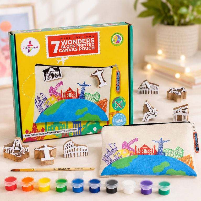 KALAKARAM DIY Block Print Canvas Pouch Kit - Create Your Own 7 Wonders Pouch, DIY Painting Kit For Kids, Learn By Doing, Art Intergrated Learning, Creative Activity Kits For Kids Age 9+Multicolor