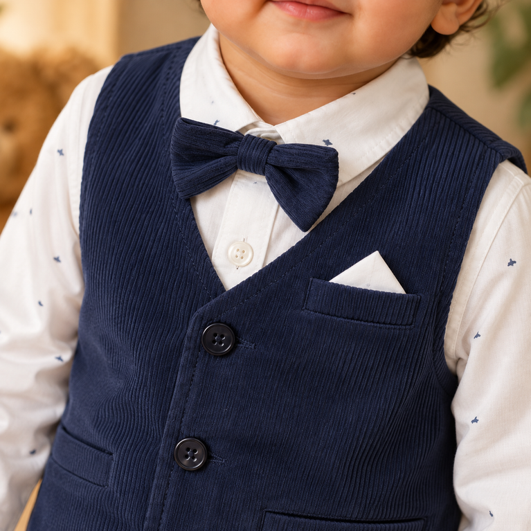 Navy Blue Corduroy Waistcoat, Shirt & Pants Set for Boys | Kids Formal Party Outfit