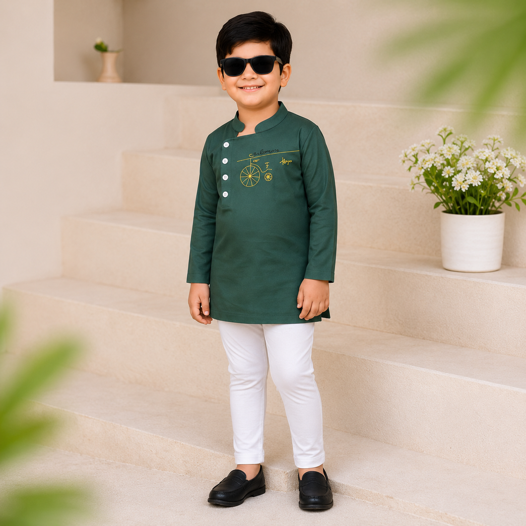 Ninos Boys Cotton Full Sleeves Festive Multidesign Party Kurta Pyjama Set- Olive