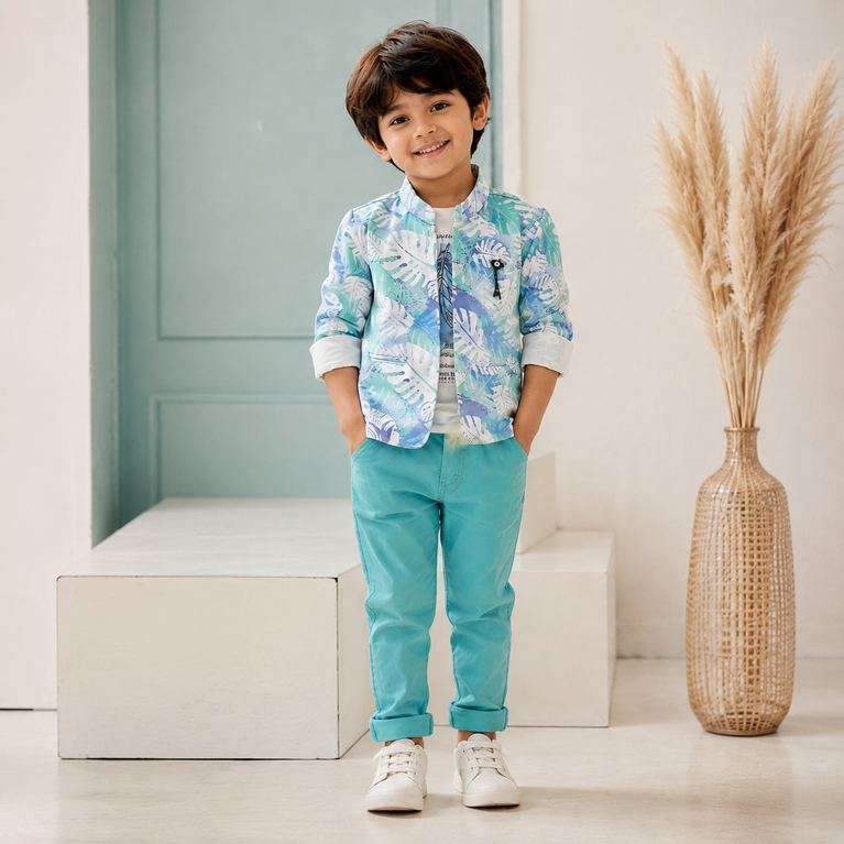 Blue & Aqua Printed Blazer Set | Stylish Kids Party Wear
